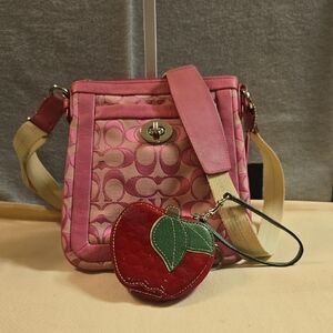 Pink Coach Signature Crossbody Bag with Apple Coin Charm